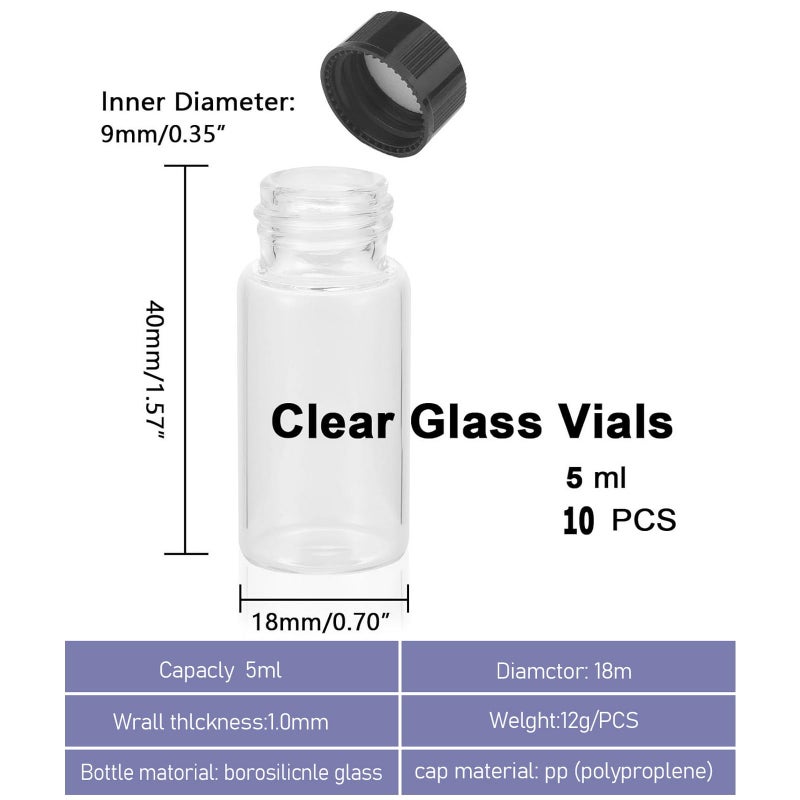 JIUWU 10 Pack 5ml Clear Glass Vials with Screw Caps, Small Sample Bottles for Lab, for Essential Oil, Perfume and Liquids - Image 3